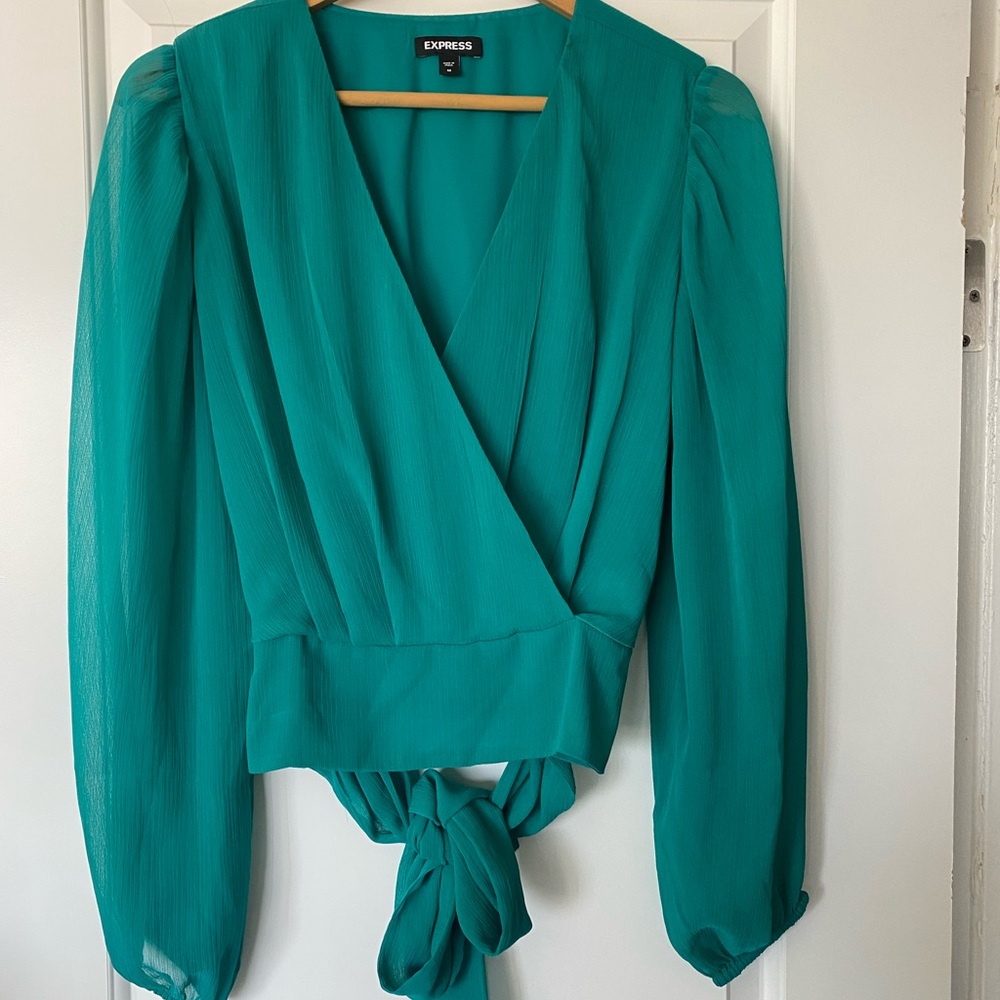 Express Green Wrap Blouse with Long Sleeves and Tie Front